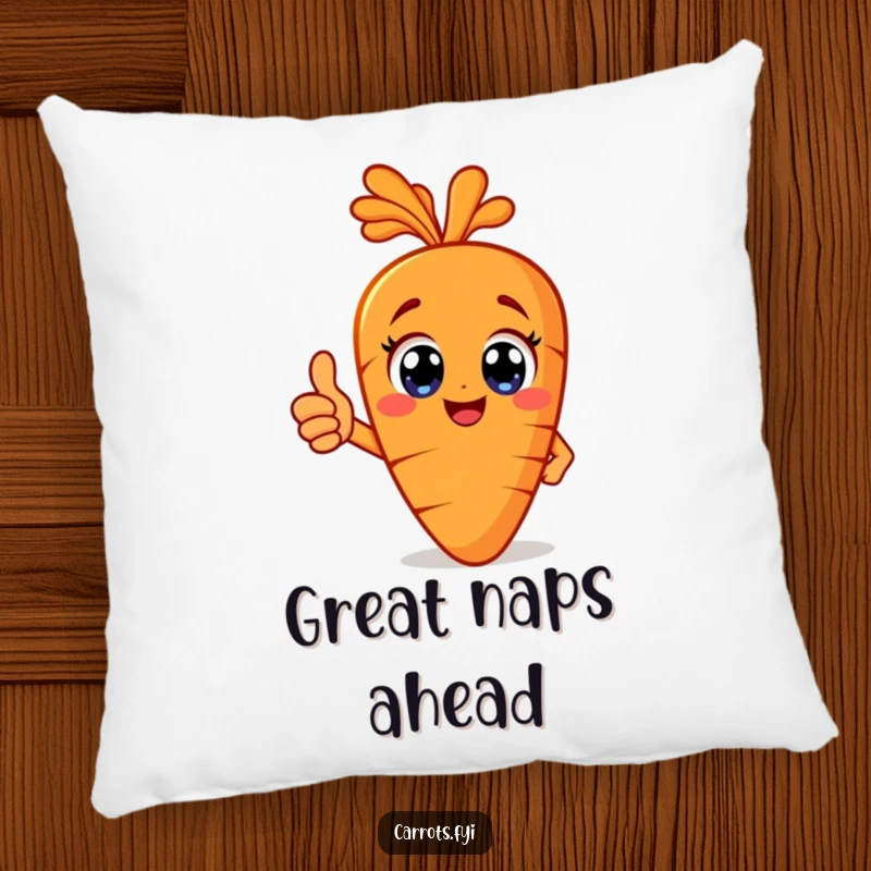 Funny happy carrot pillow with big eyes, giving a thumbs up, offering soft comfort and positive encouragement.
