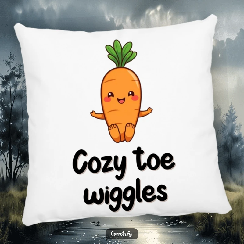 Funny smiling carrot pillow with green leafy hair, joyfully wiggling its toes, offering soft comfort and playful charm.