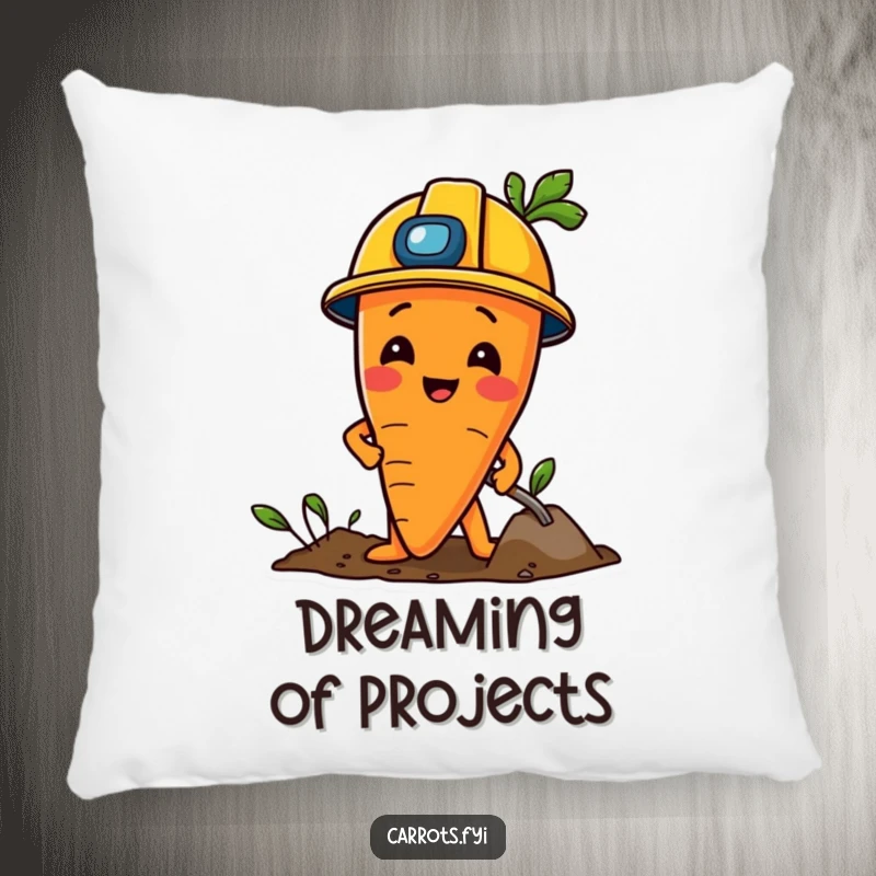 Funny Carrot Pillow: A soft pillow featuring a carrot character in a construction helmet, playfully digging.