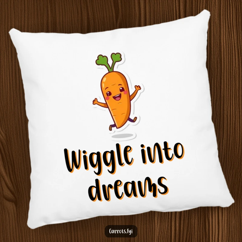 Funny pillow featuring a cheerful carrot character performing a delightful, full-body dance with happy, wiggling movements.