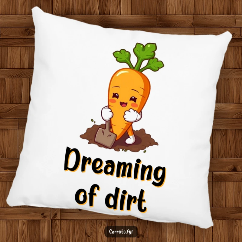 Funny pillow featuring a carrot character in miniature gardening gloves, happily engaged in digging the earth.