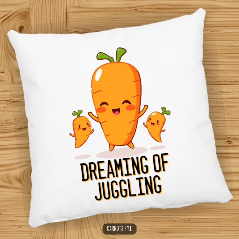 Funny pillow featuring a carrot character playfully juggling three smaller, smiling carrots, perfect for cozying up with family.