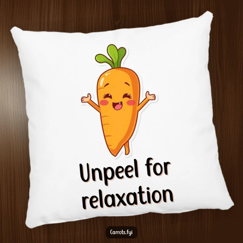 Funny pillow featuring a carrot character joyfully peeling itself to reveal a brightly smiling, cheerful inner surface.