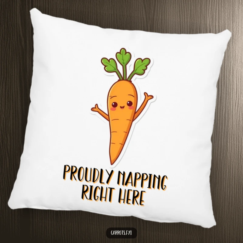 Funny pillow featuring a proud carrot character with arms akimbo, adding a confident touch.