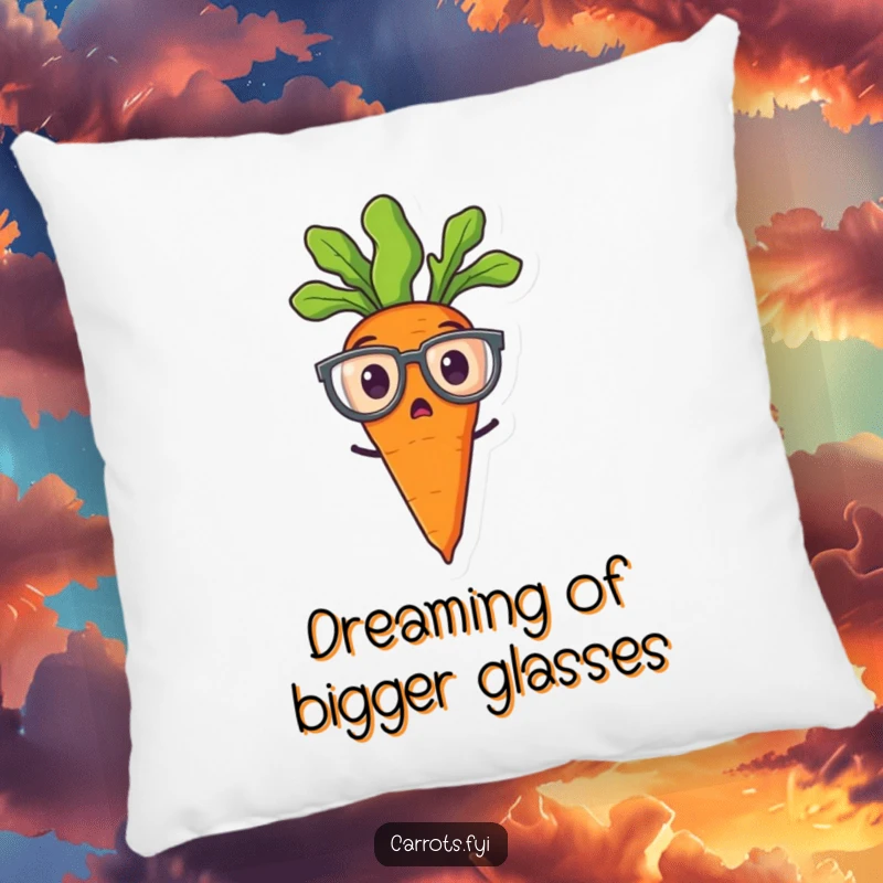 Funny pillow with a soft texture, showing a cartoon carrot in oversized spectacles with a surprised expression.