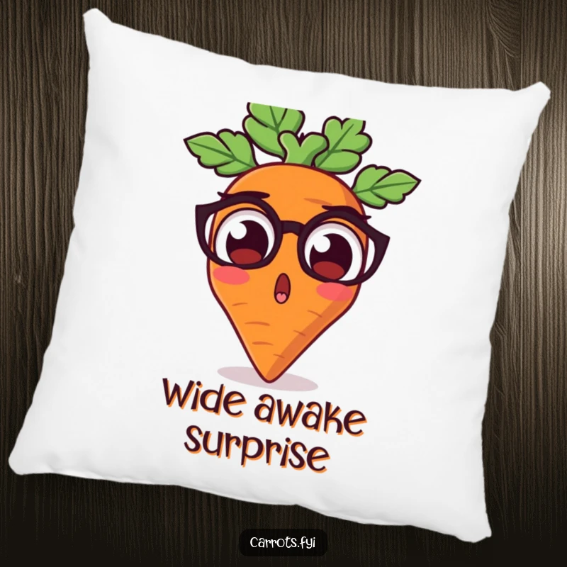 Funny pillow featuring a carrot character with comically wide, startled earthy eyes, offering a soft and humorous decorative touch.