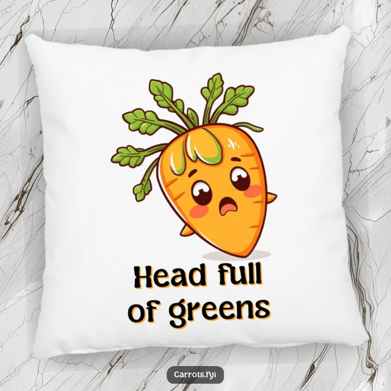 Funny pillow showcasing a shocked carrot with wide eyes and sprouting green leafy hair, a soft and humorous decor item.