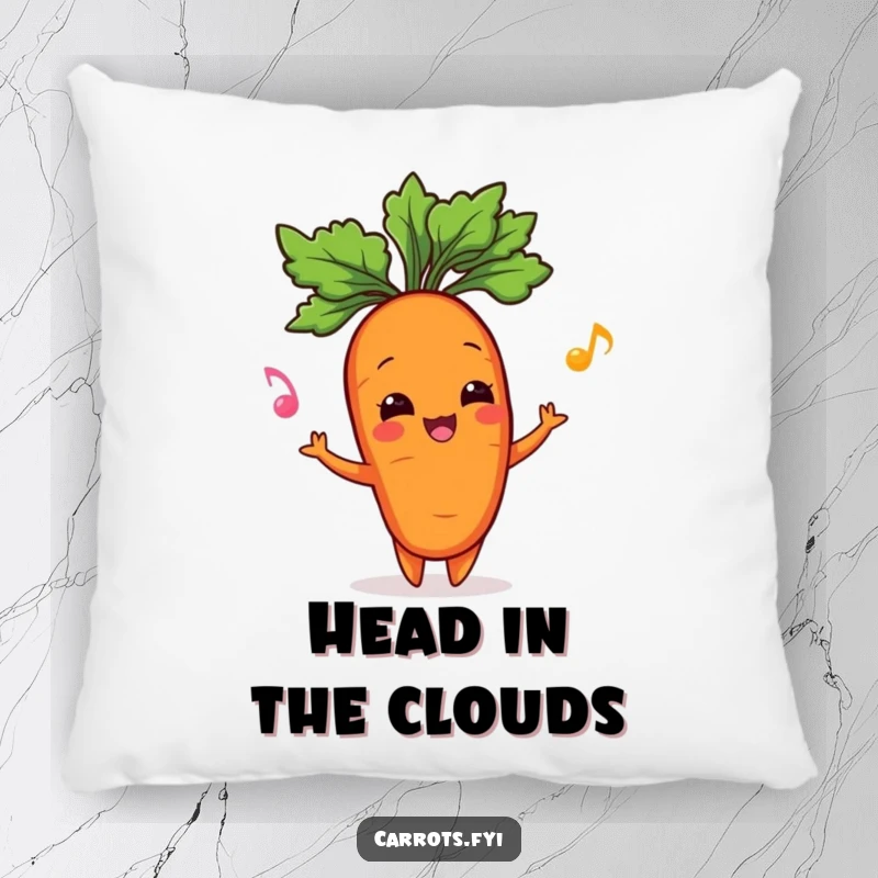 Funny pillow featuring a cheerful carrot character playfully juggling its leafy green top, offering a soft and humorous decorative accent.