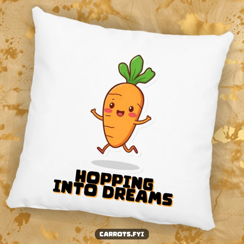 Funny playful carrot pillow with small legs, merrily hopping, offering soft comfort and lighthearted fun.