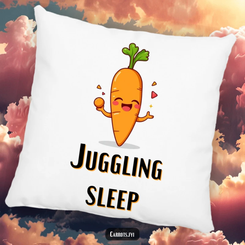 Funny pillow featuring an anthropomorphic carrot character giggling while juggling its leafy green top, providing humorous comfort and charm.