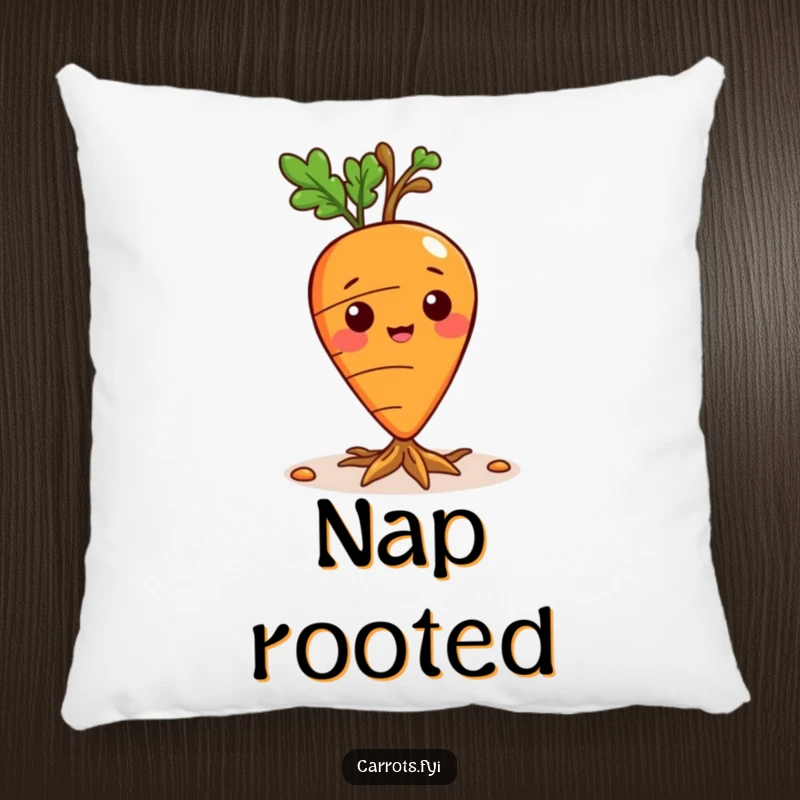 Funny pillow featuring a playful carrot character sprouting tiny roots, adding comfort and charm.