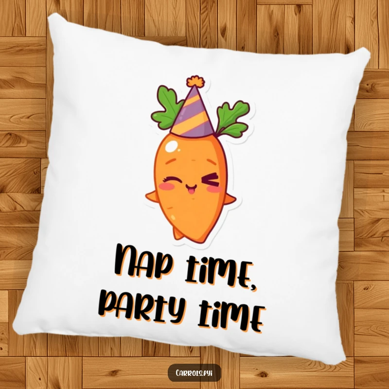 Funny and comfortable pillow featuring a winking carrot character in a party hat, perfect for adding a humorous touch to seating.