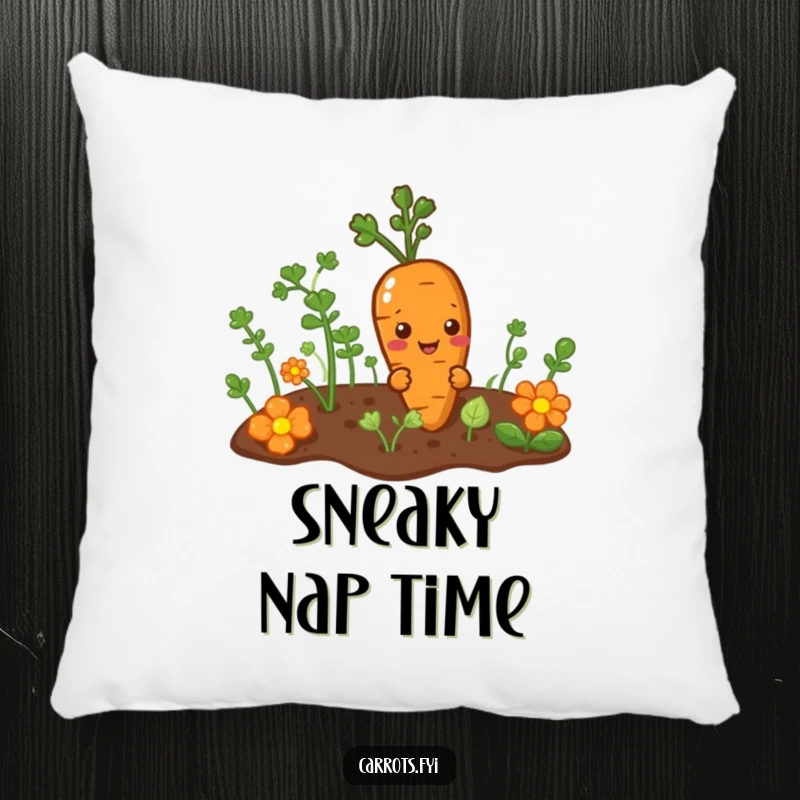 Funny pillow featuring a mischievous carrot character peeking from a garden patch, offering a soft and humorously playful decorative touch.