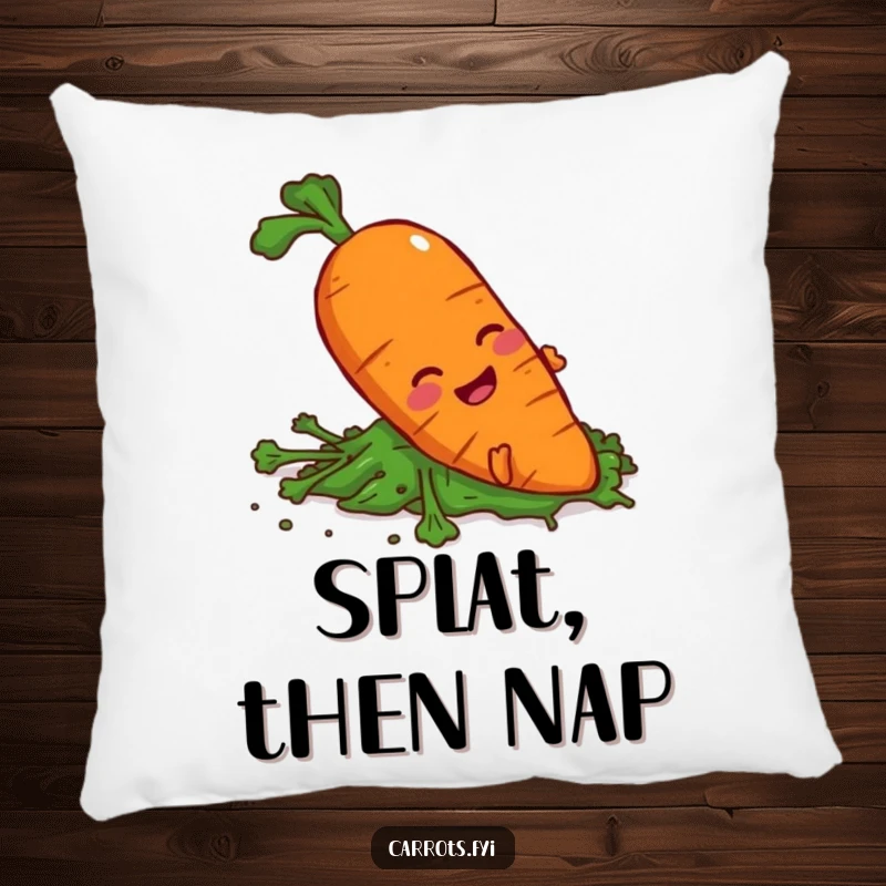 Funny carrot character slipping on greens on a soft pillow, adding clumsy humor to decor.
