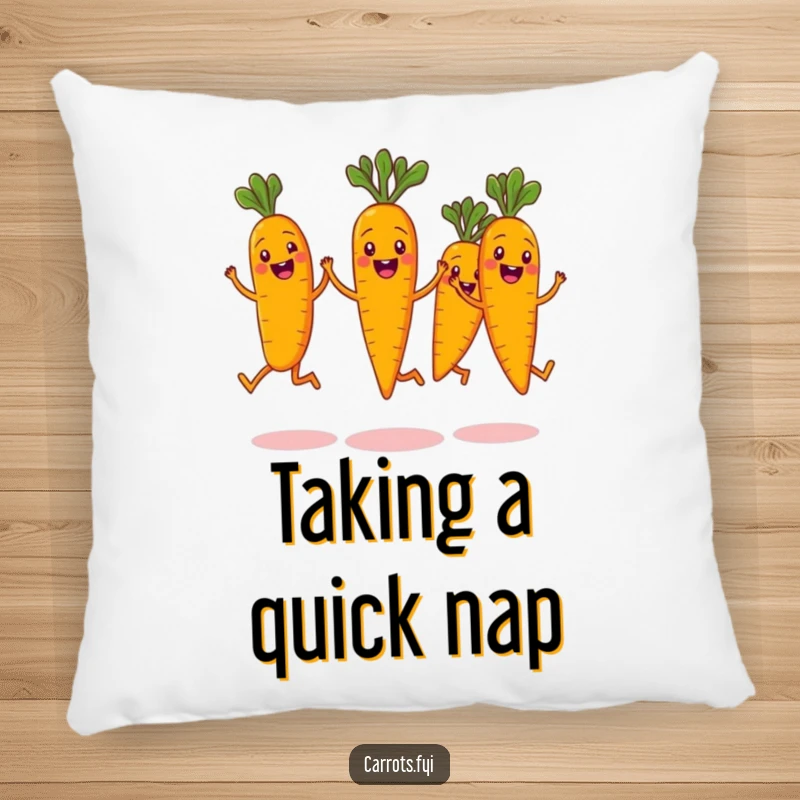 Funny pillow decorated with a group of grinning carrot characters performing a synchronized jump, their happy expressions and energetic pose creating a whimsical design.