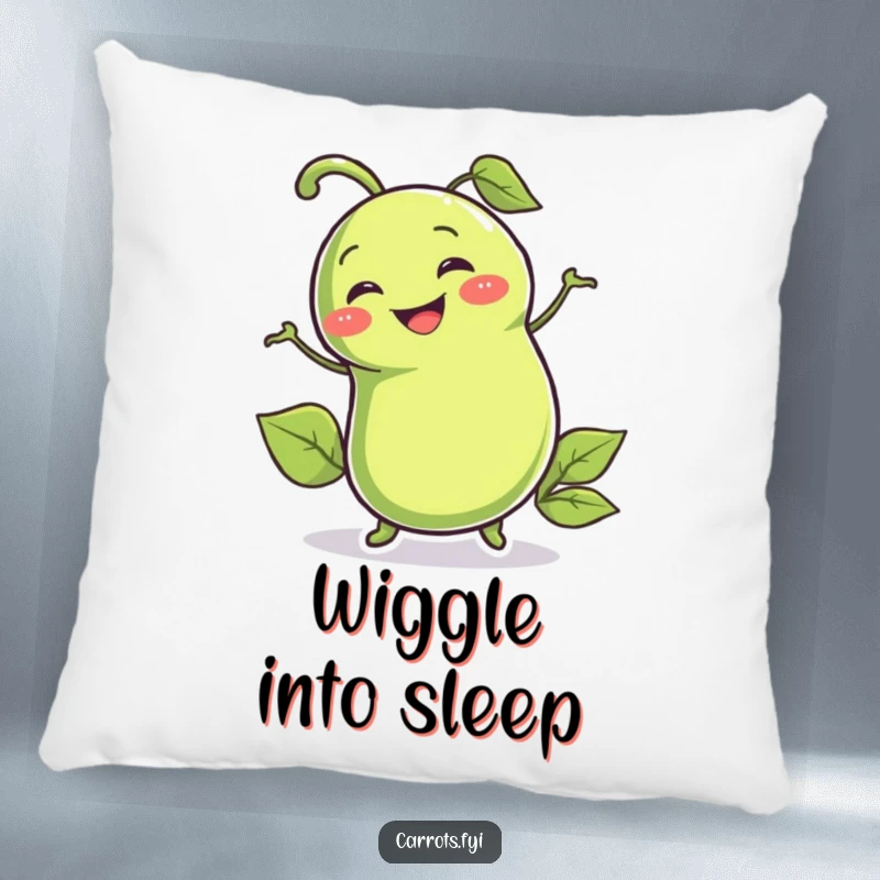Funny pillow with a smiling pea pod character wiggling enthusiastically, providing comfort and humorous decor.