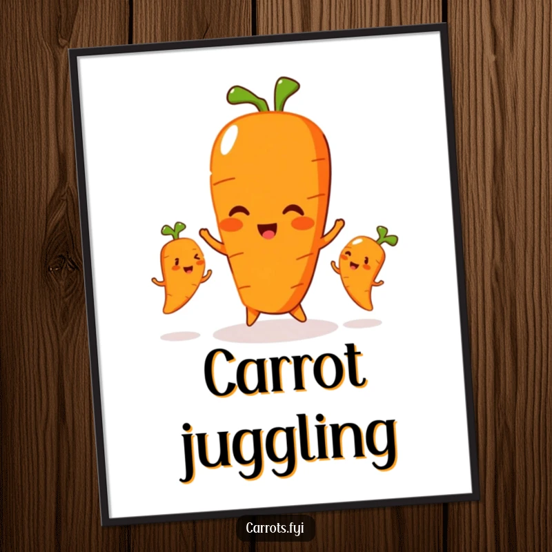 Funny digital art print of a carrot character playfully juggling three smaller, smiling carrots, showcasing impressive and humorous skill.