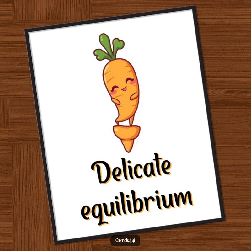 Funny digital art print of a carrot character winking while balancing on a single carrot tip, ready for immediate display.