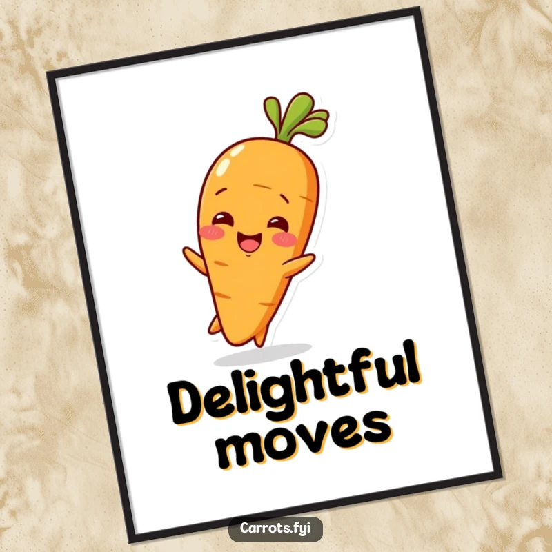 Funny Baby Carrot Digital Art Print of a cute baby carrot character wiggling with delight, radiating charm.