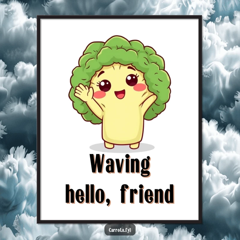 Funny digital art print of a cute broccoli floret character giving a friendly wave, ideal for humorous online sharing or display.