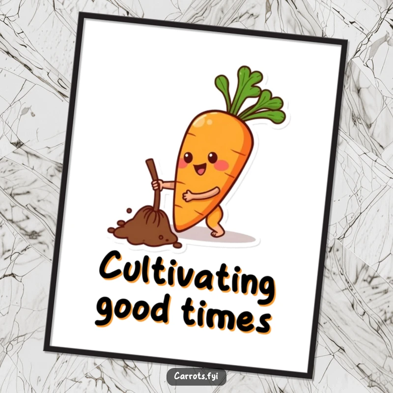 Funny digital art print of an anthropomorphic carrot character joyfully making a digging motion, perfect for nature lovers.