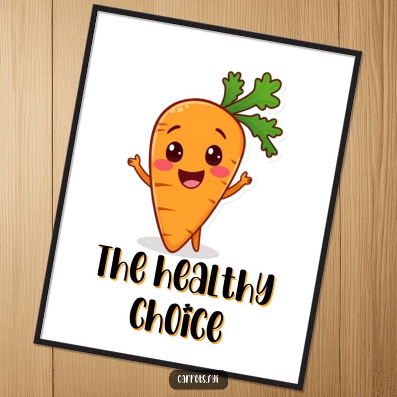 Funny digital art print of an excited carrot character, full of life and ready for a healthy meal, vibrant and cheerful.