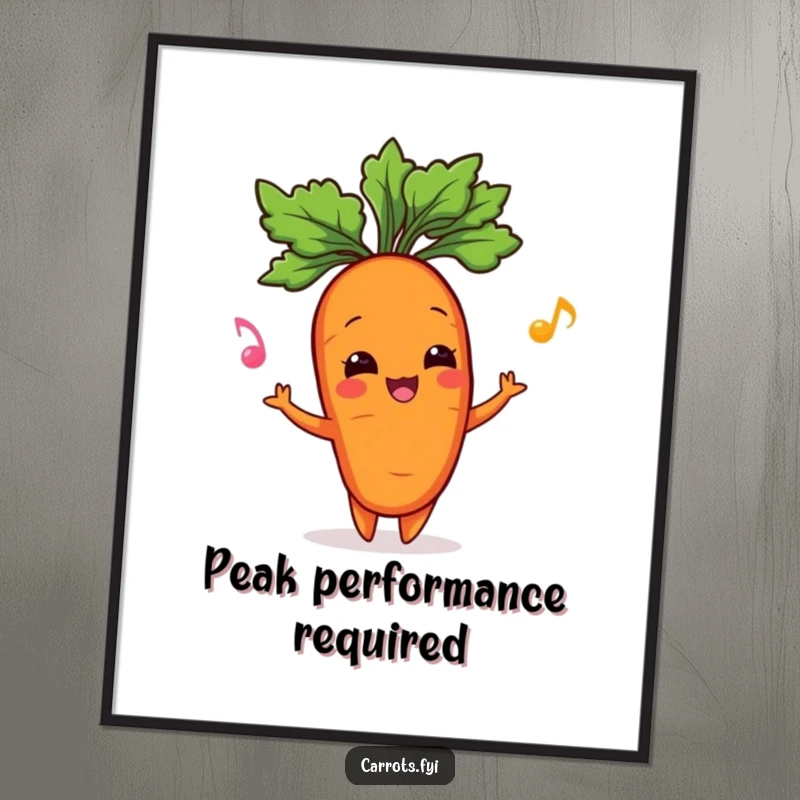 Funny digital art print of a happy carrot character enthusiastically juggling its leafy green top, perfect for vibrant, humorous decor.