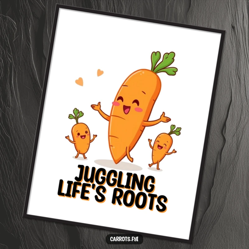 Funny digital art print of an anthropomorphic carrot character skillfully juggling three smaller root vegetables, vibrant design for a playful and humorous atmosphere.