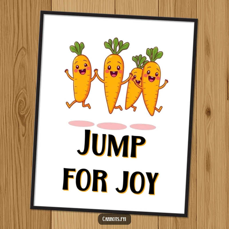 Funny digital art print depicting a group of joyful carrot characters frozen in a synchronized jump, their wide smiles and lively poses radiating humor.