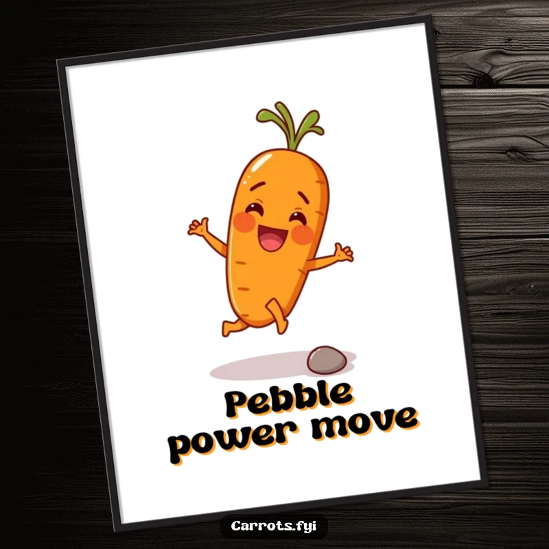 Funny digital art print of an anthropomorphic carrot character energetically kicking a tiny pebble with its root, vibrant design for humorous wall decor.