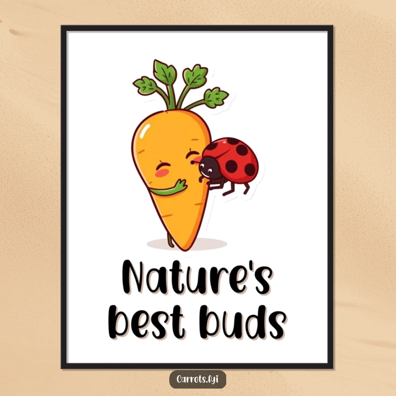 Funny digital art print of a whimsical anthropomorphic carrot character playfully nudging a friendly ladybug, capturing a heartwarming moment.