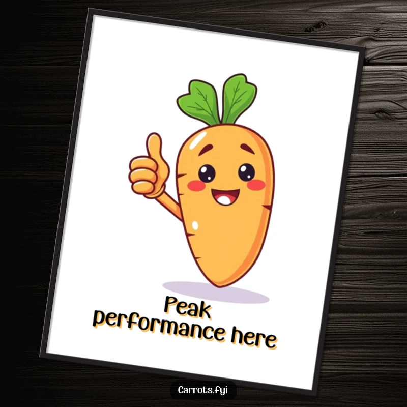 Funny digital art print of a cheerful anthropomorphic carrot character gleefully giving a proud thumbs up, radiating positive vibes.
