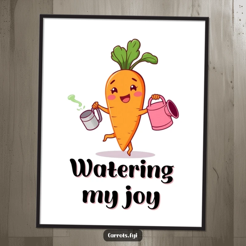 Funny digital art print of a cheerful carrot character dancing with a watering can, perfect for adding vibrant joy and energy.