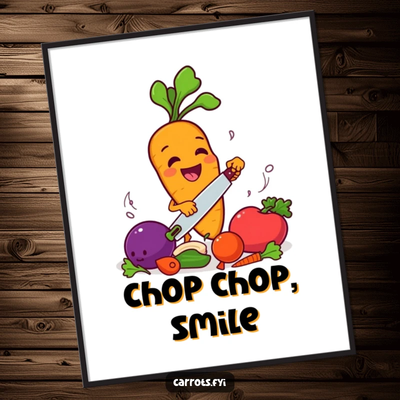 Funny carrot character smiling and enthusiastically chopping other vegetables, a humorous digital art print.