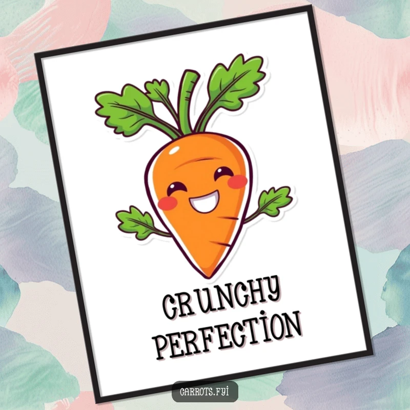 Funny digital art print of a carrot character with a comically wide smile, exemplifying ultimate crunchiness and pure joy.