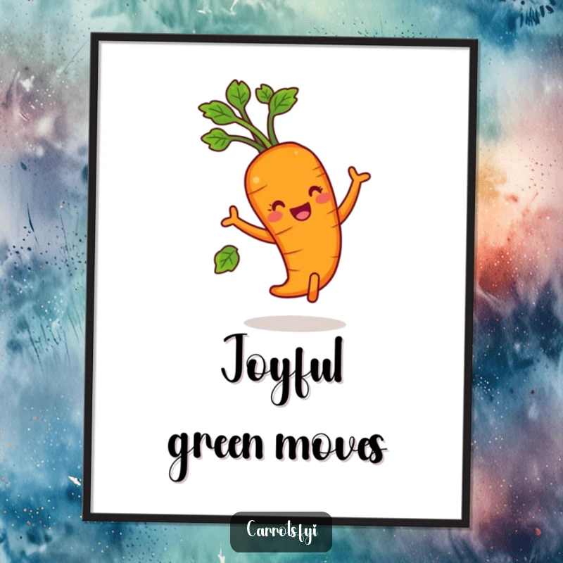 Funny carrot character joyfully dancing with leafy greens, a vibrant and humorous digital art print.