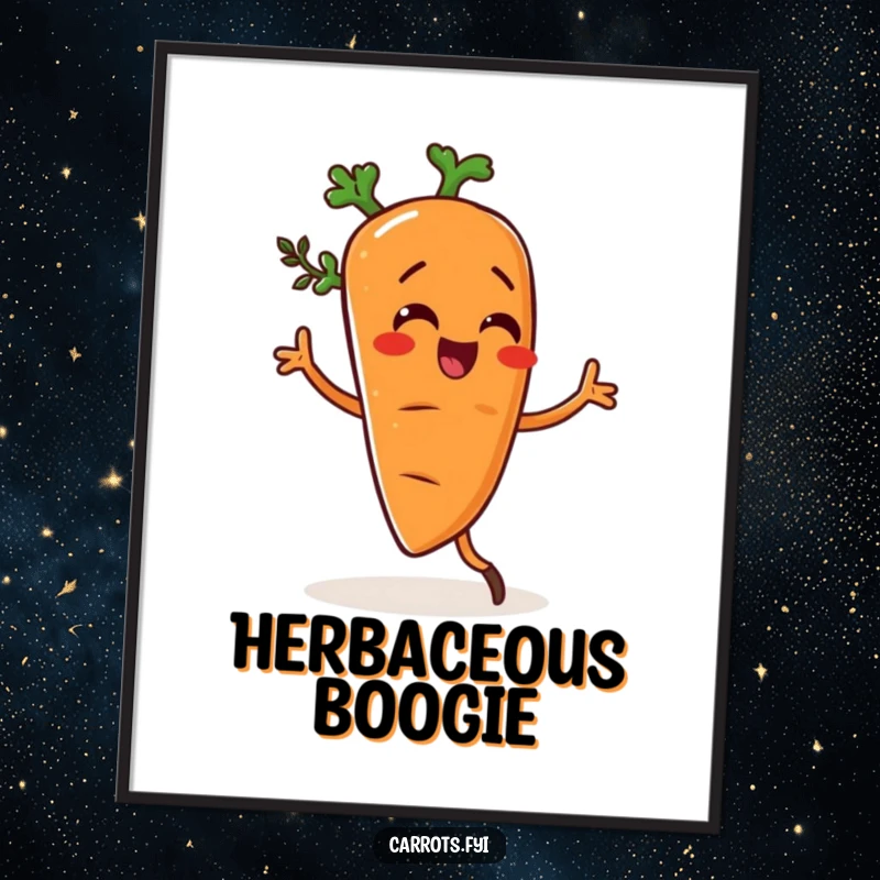 Funny digital art print of a carrot character doing a silly dance, lightly seasoned with herbs, radiating pure joy.