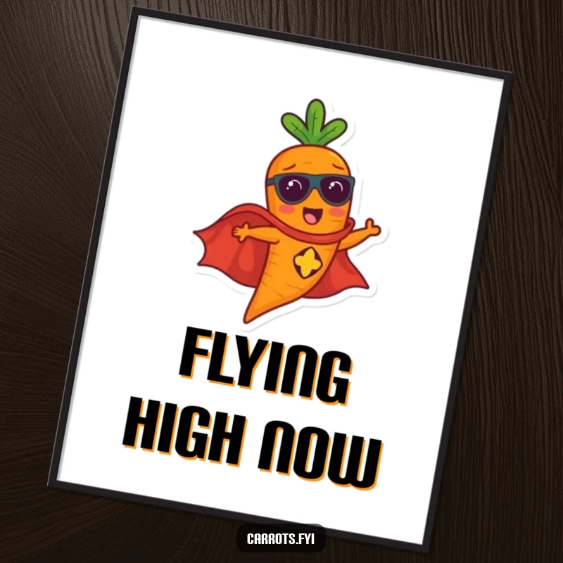 Funny carrot character in a superhero cape flying with speed and determination, a humorous digital art print.