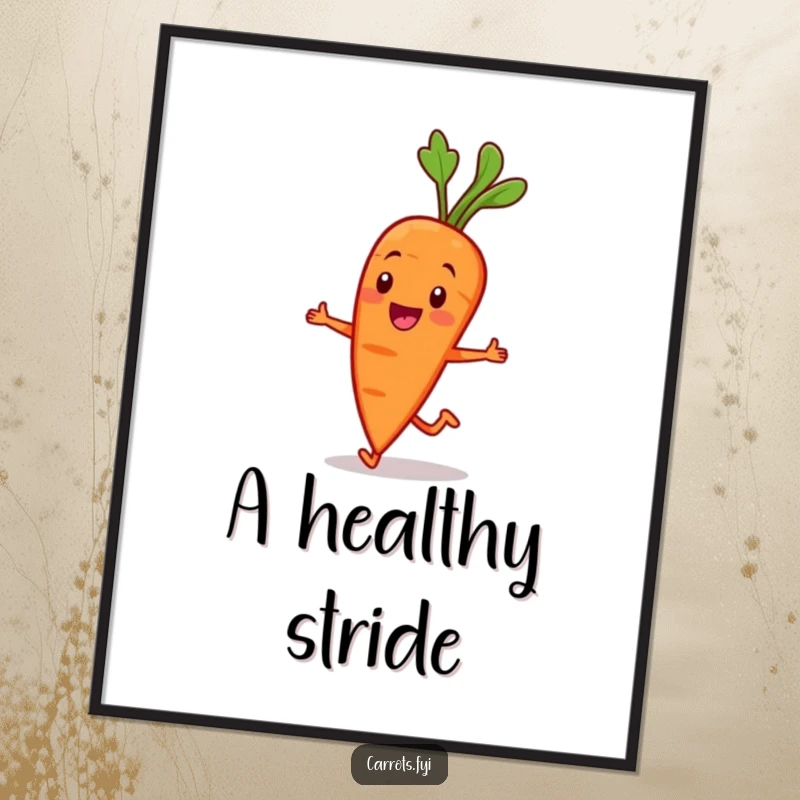 Funny Carrot Character Digital Art: A smiling carrot character jogs jauntily, creating a dynamic and humorous visual for your space. Downloadable motivation.