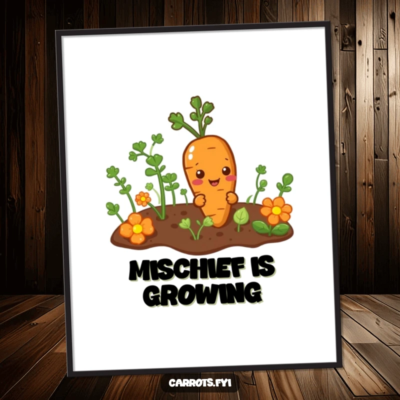 Funny digital art print of a mischievous carrot character peeking from a garden patch, perfect for adding playful charm and humor.