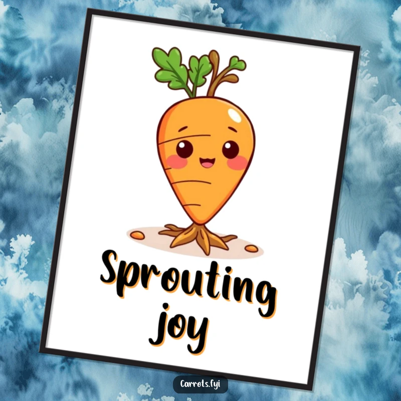 Funny digital art print of a playful carrot character sprouting small roots, full of whimsical charm.