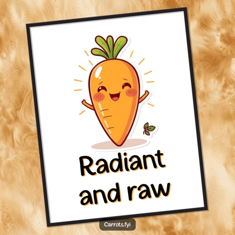Funny digital art print of a smiling carrot character radiating pure freshness, bringing vibrant color and cheer.