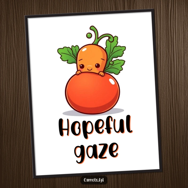 Funny digital art print of a shy carrot character peeking from behind a plump tomato with a hopeful smile, exuding sweetness and hope.