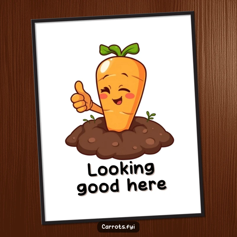 Funny Carrot Digital Art: Printable art of a carrot character winking and giving a thumbs up from the soil.
