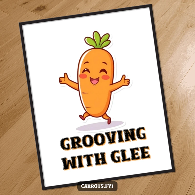 Funny digital art print of a cheerful carrot character doing a happy dance, ideal for humorous online sharing or display.