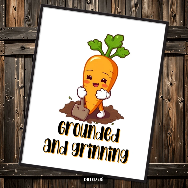 Funny digital art print of a carrot character wearing tiny gloves, happily digging the earth, perfect for garden-themed decor.