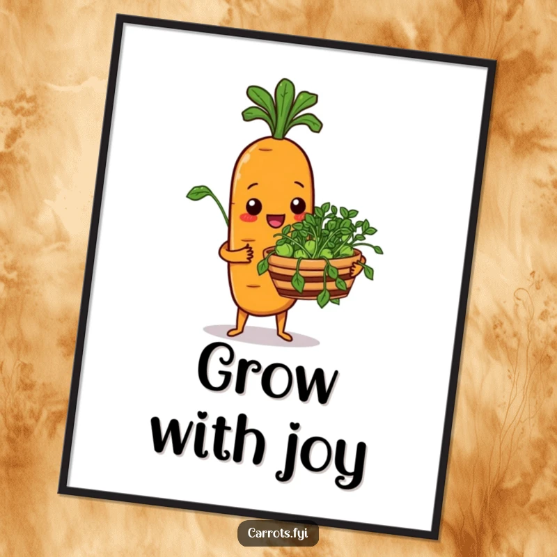 Funny digital art of a carrot character cheerfully offering a basket of fresh sprouts, ready for immediate printing and display.