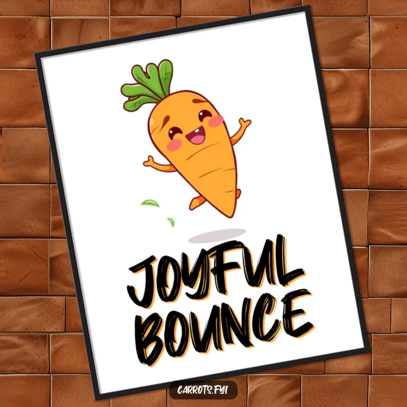 Funny digital art print of a happy carrot character with a wide grin bouncing playfully, leaving a trail of fresh scent, full of happiness.