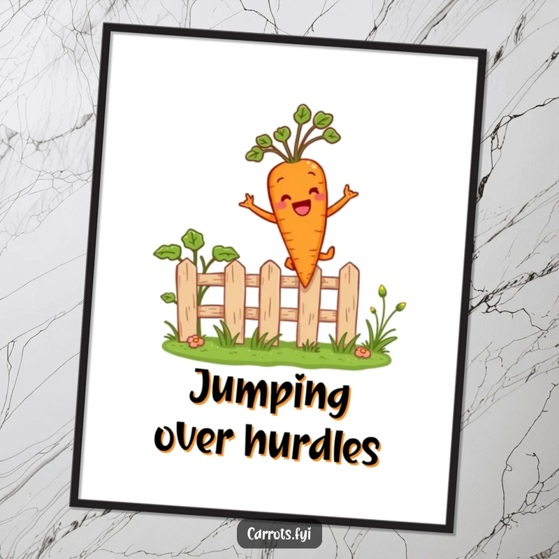 Funny digital art print of an anthropomorphic carrot character joyfully leaping over a miniature garden fence, vibrant design for a playful and energetic atmosphere.