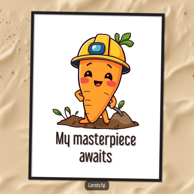 Funny Carrot Digital Art: Printable art of a carrot character in a construction helmet, digging playfully.